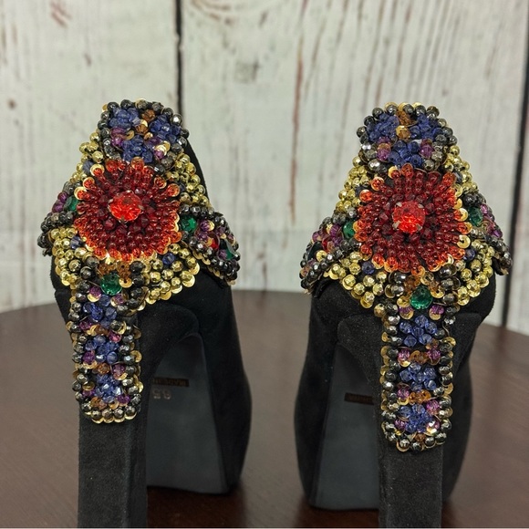 JEFFREY CAMPBELL EVA CROSS black suede platform pumps with sequins & Beads 6.5 - Picture 1 of 17